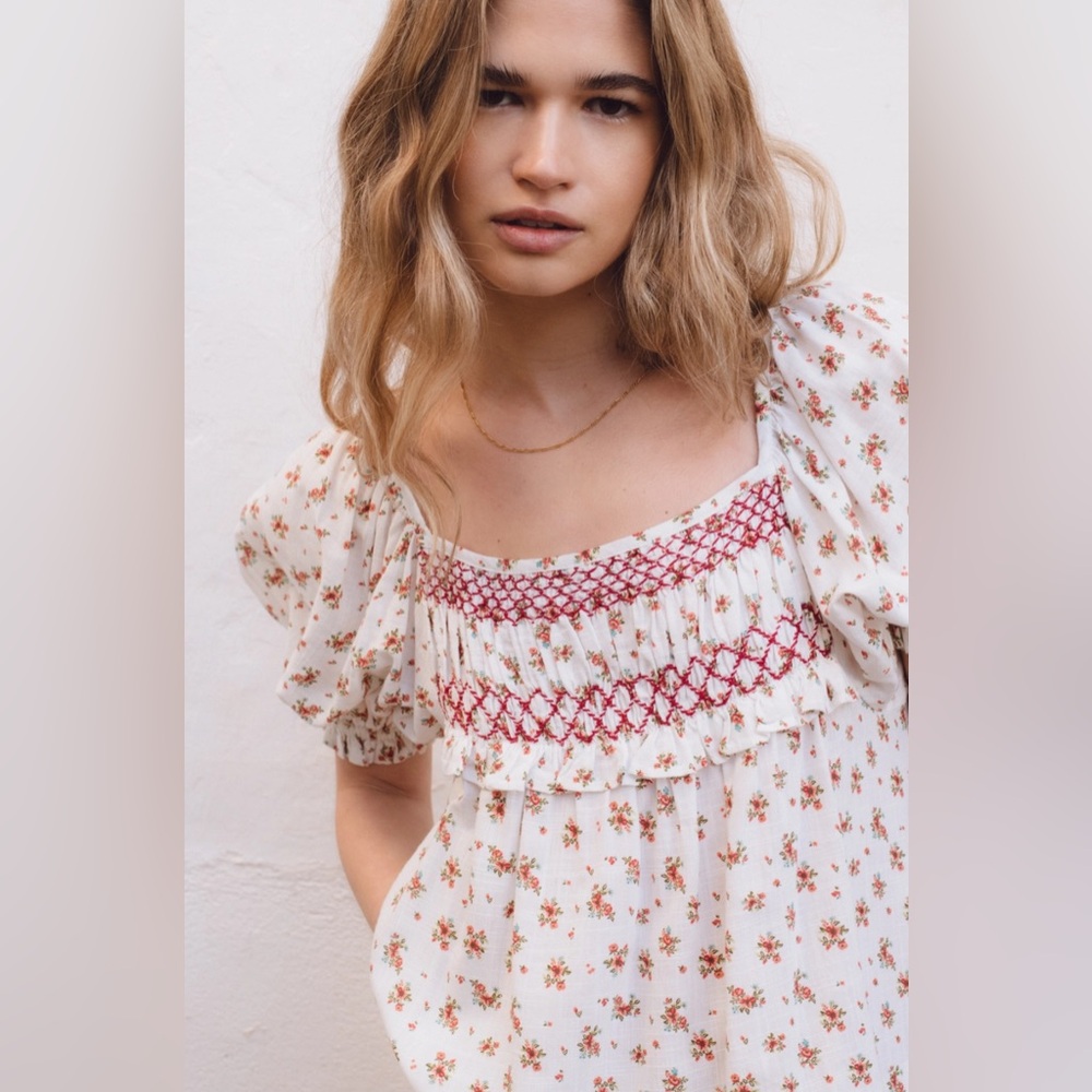 Sonmer Frida Smocked Floral Puff Sleeve Blouse - NWT